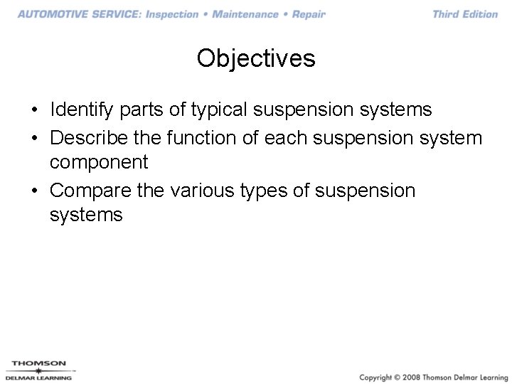 Objectives • Identify parts of typical suspension systems • Describe the function of each