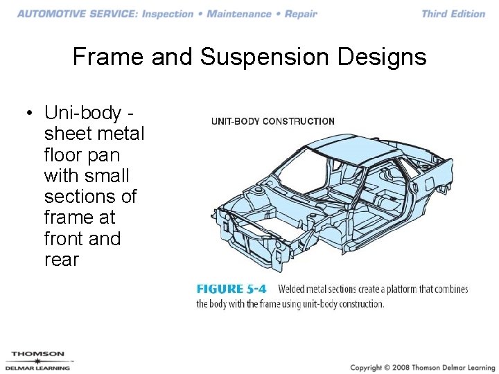 Frame and Suspension Designs • Uni-body sheet metal floor pan with small sections of