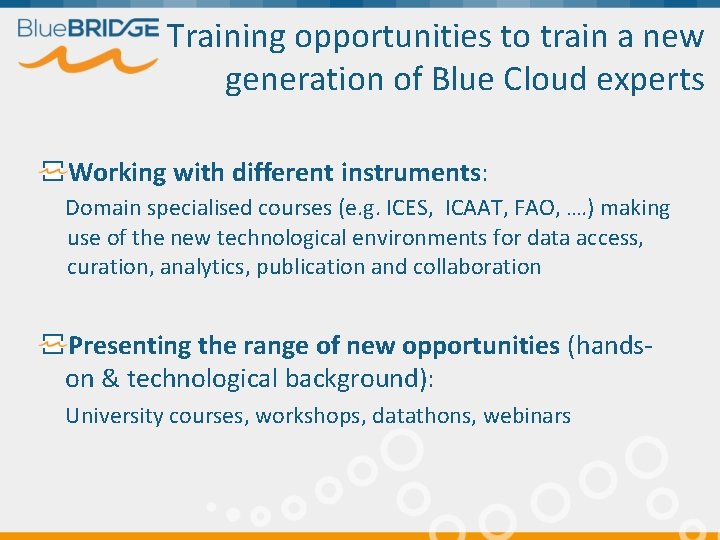 Training opportunities to train a new generation of Blue Cloud experts Working with different