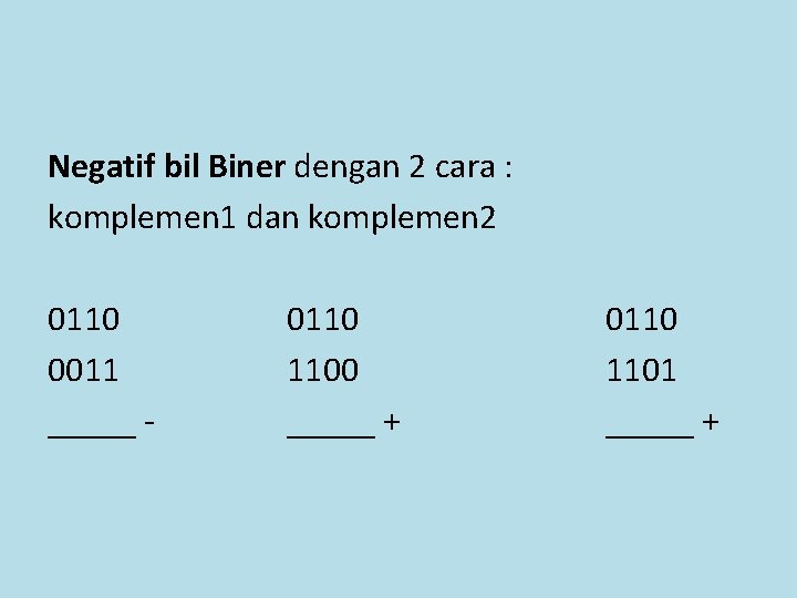 Negatif bil Biner dengan 2 cara : komplemen 1 dan komplemen 2 0110 0011