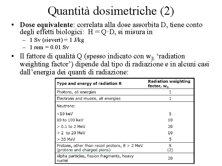 Quantità dosimetriche (2) • Dose equivalente: correlata alla dose assorbita D, tiene conto degli