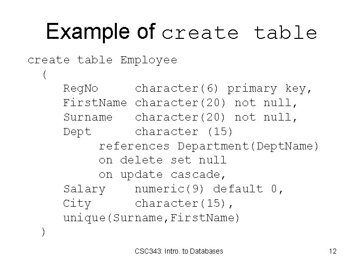 Example of create table Employee ( Reg. No character(6) primary key, First. Name character(20)