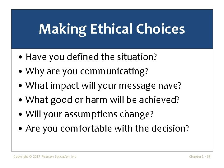 Making Ethical Choices • Have you defined the situation? • Why are you communicating?