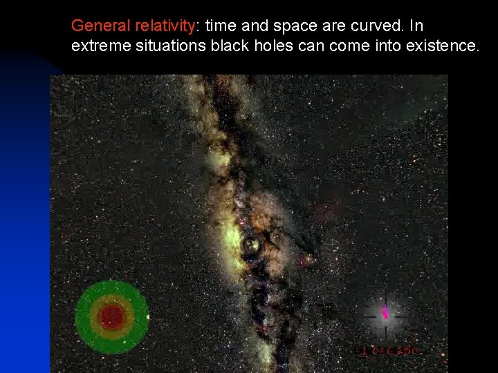 General relativity: time and space are curved. In extreme situations black holes can come