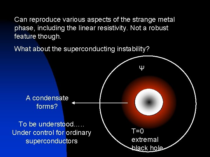 Can reproduce various aspects of the strange metal phase, including the linear resistivity. Not