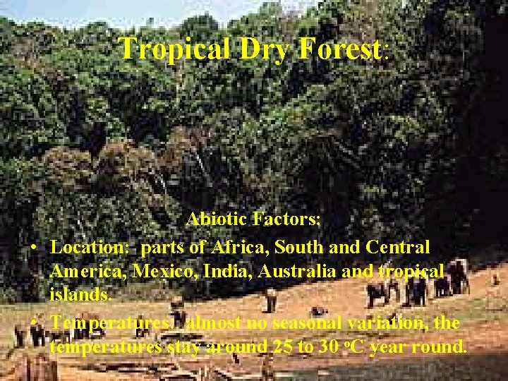 Tropical Dry Forest: Abiotic Factors: • Location: parts of Africa, South and Central America,