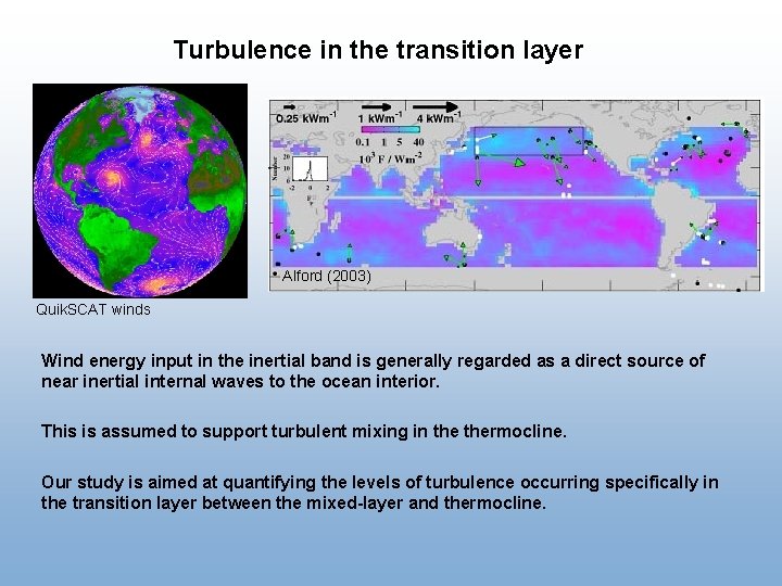 Turbulence in the transition layer Alford (2003) Quik. SCAT winds Wind energy input in