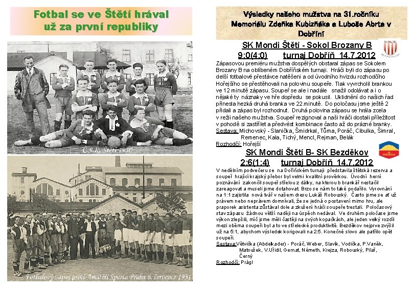 Fotbal se ve Štětí hrával už za první republiky Výsledky našeho mužstva na 31.