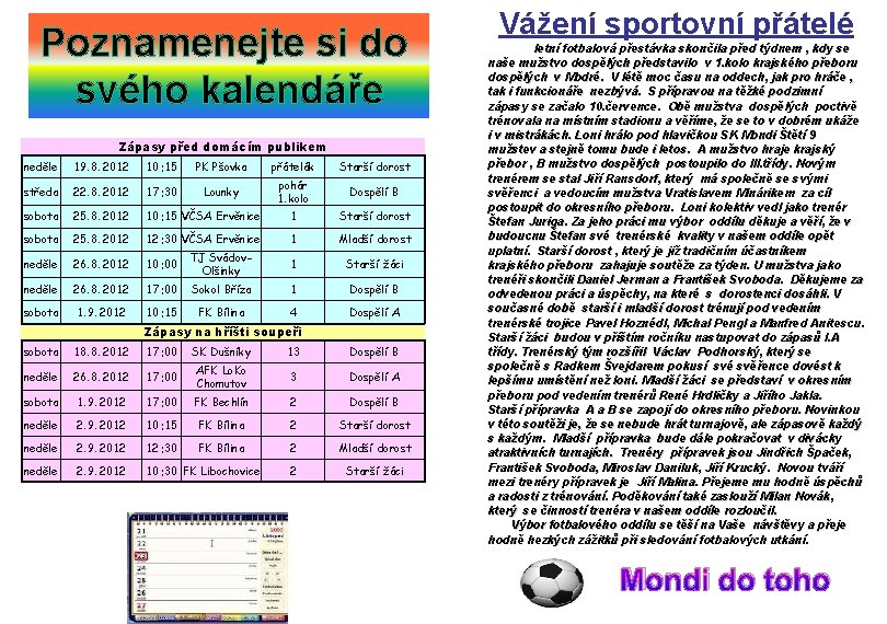 Poznamenejte si do svého kalendáře Zápasy před domácím publikem neděle 19. 8. 2012 10: