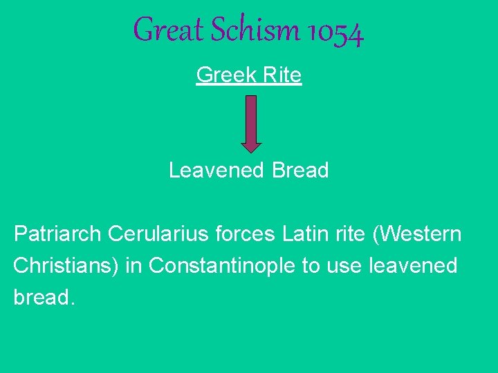 Great Schism 1054 Greek Rite Leavened Bread Patriarch Cerularius forces Latin rite (Western Christians)