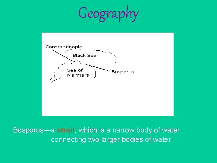 Geography Bosporus—a strait, which is a narrow body of water connecting two larger bodies