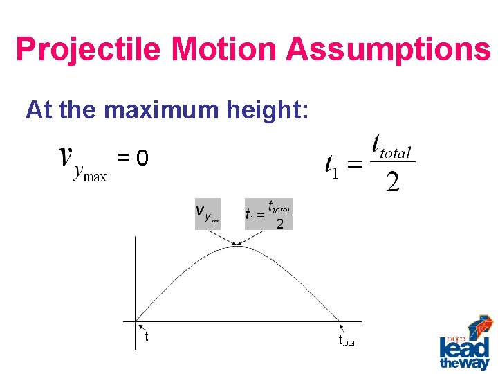 Projectile Motion Assumptions At the maximum height: =0 