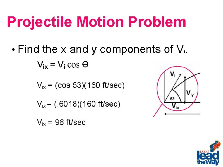Projectile Motion Problem • Find the x and y components of Vi. 