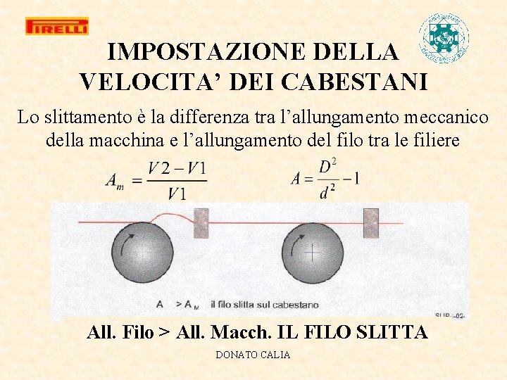 IMPOSTAZIONE DELLA VELOCITA’ DEI CABESTANI Lo slittamento è la differenza tra l’allungamento meccanico della