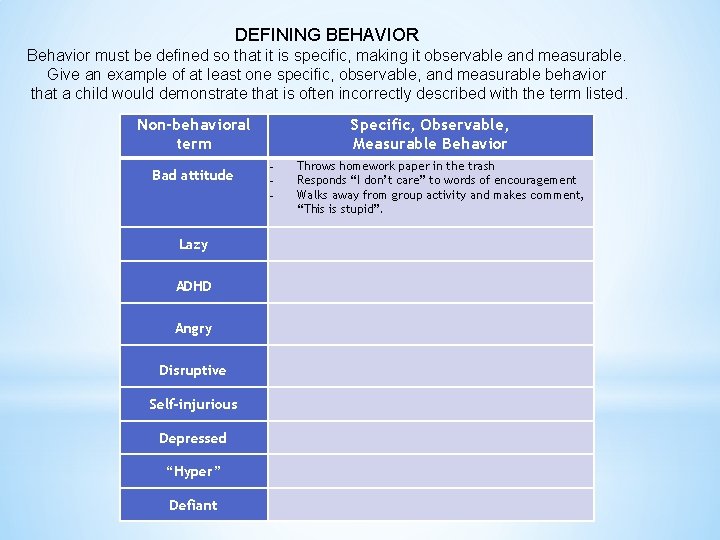 DEFINING BEHAVIOR Behavior must be defined so that it is specific, making it observable