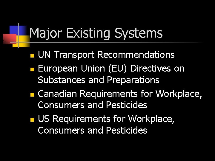 Major Existing Systems n n UN Transport Recommendations European Union (EU) Directives on Substances Major Existing Systems n n UN Transport Recommendations European Union (EU) Directives on Substances