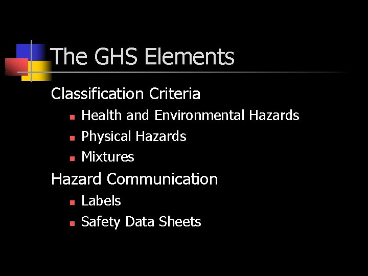 The GHS Elements Classification Criteria n n n Health and Environmental Hazards Physical Hazards