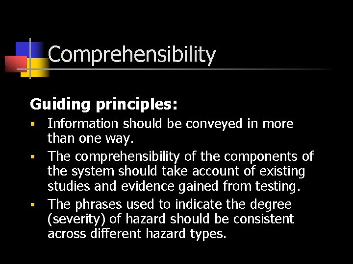 Comprehensibility Guiding principles: Information should be conveyed in more than one way. § The