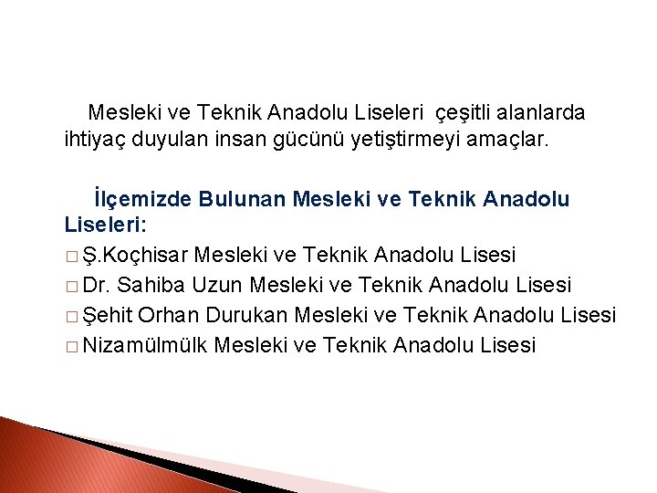 Mesleki ve Teknik Anadolu Liseleri çeşitli alanlarda ihtiyaç duyulan insan gücünü yetiştirmeyi amaçlar. İlçemizde