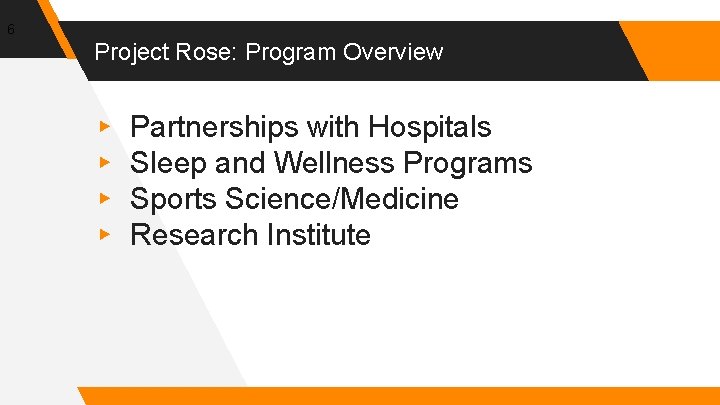 6 Project Rose: Program Overview ▸ ▸ Partnerships with Hospitals Sleep and Wellness Programs