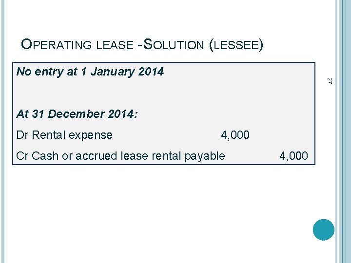 OPERATING LEASE - SOLUTION (LESSEE) 27 No entry at 1 January 2014 At 31