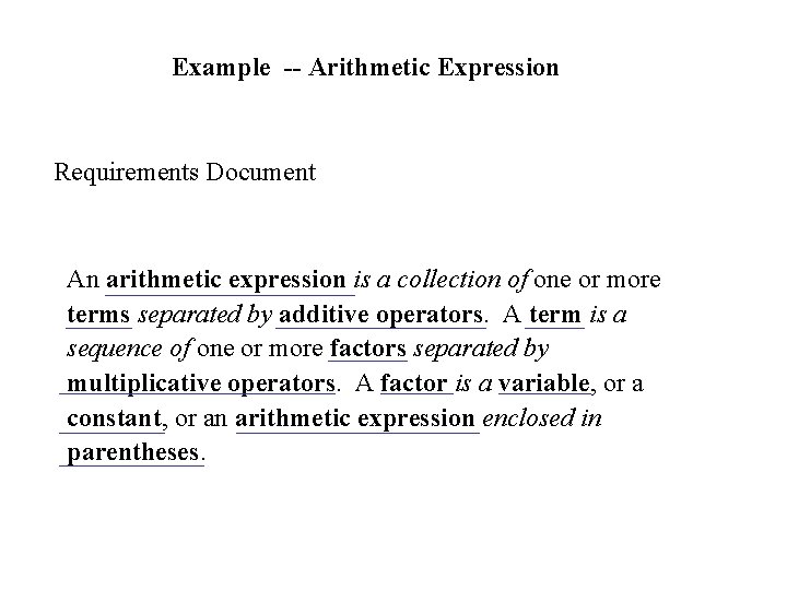 Example -- Arithmetic Expression Requirements Document An arithmetic expression is a collection of one