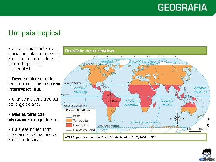 Um país tropical • Zonas climáticas: zona glacial ou polar norte e sul, zona
