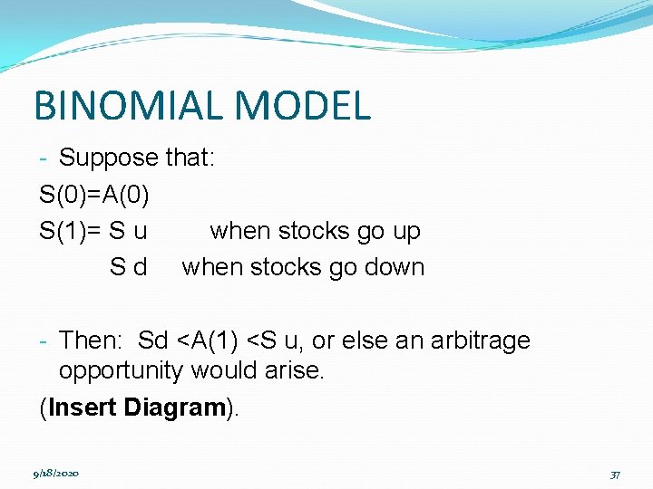 BINOMIAL MODEL - Suppose that: S(0)=A(0) S(1)= S u when stocks go up S