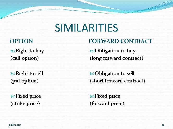 SIMILARITIES OPTION FORWARD CONTRACT Right to buy (call option) Obligation to buy (long forward