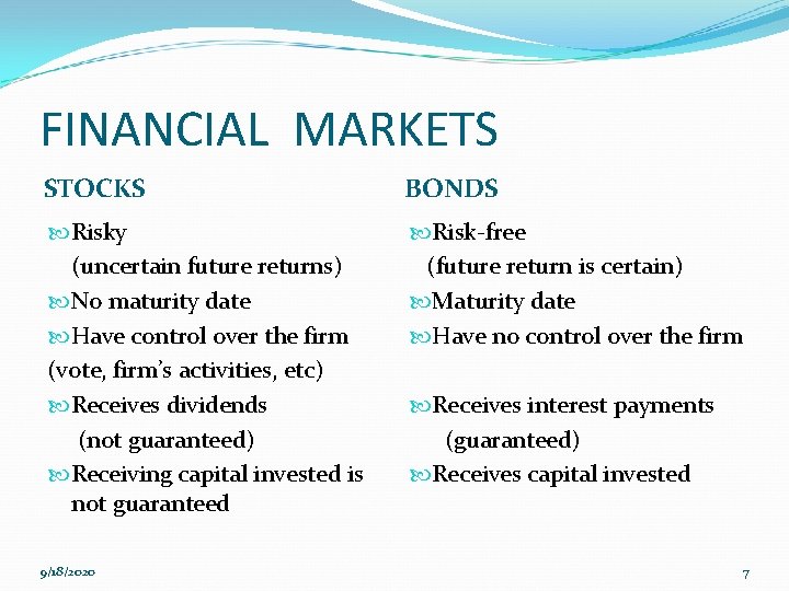 FINANCIAL MARKETS STOCKS BONDS Risky (uncertain future returns) No maturity date Have control over