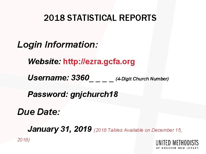 2018 STATISTICAL REPORTS Login Information: Website: http: //ezra. gcfa. org Username: 3360_ _ (4