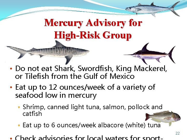 Mercury Advisory for High-Risk Group • Do not eat Shark, Swordfish, King Mackerel, or