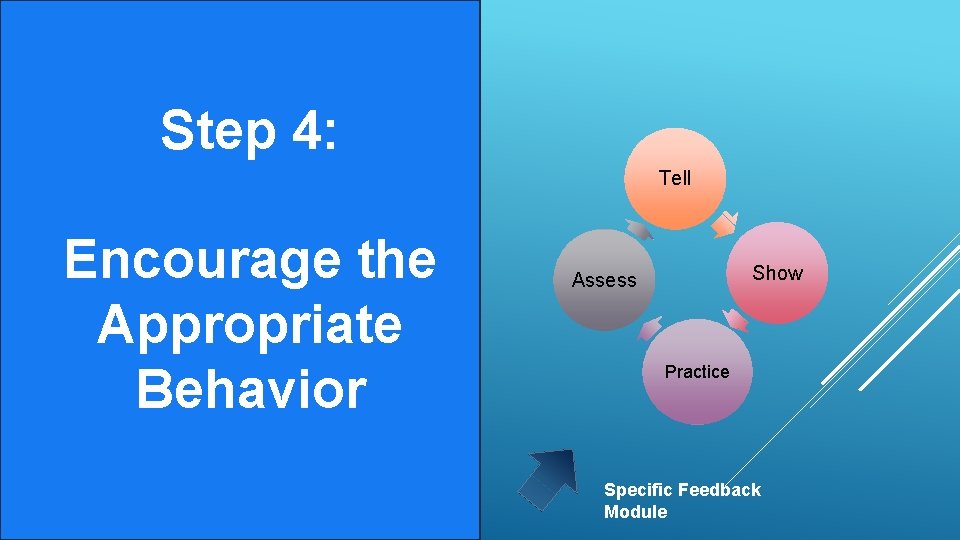 Step 4: Tell Encourage the Appropriate Behavior Show Assess Practice Specific Feedback Module 