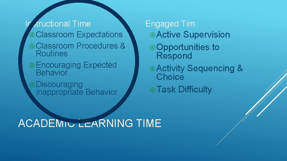 Instructional Time Classroom Expectations Classroom Procedures & Routines Encouraging Expected Behavior Discouraging Inappropriate Behavior