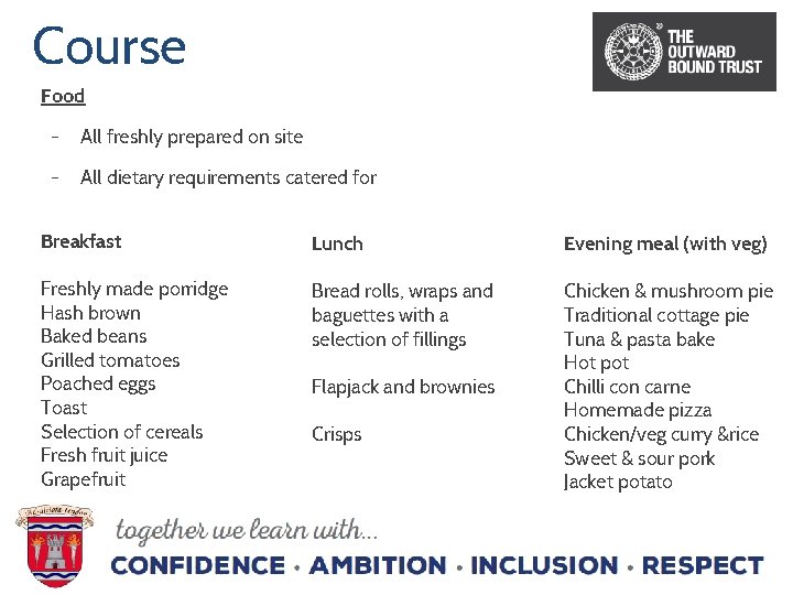 Course Food - All freshly prepared on site - All dietary requirements catered for