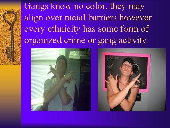 Gangs know no color, they may align over racial barriers howevery ethnicity has some