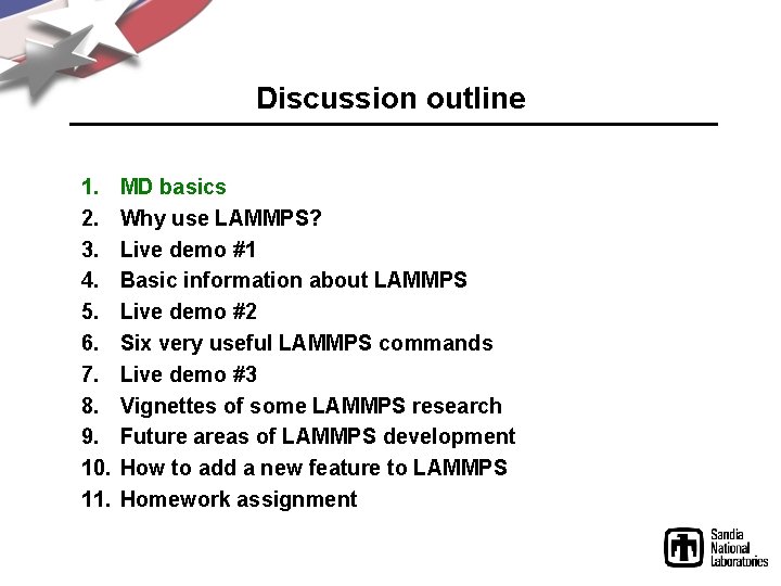Discussion outline 1. 2. 3. 4. 5. 6. 7. 8. 9. 10. 11. MD