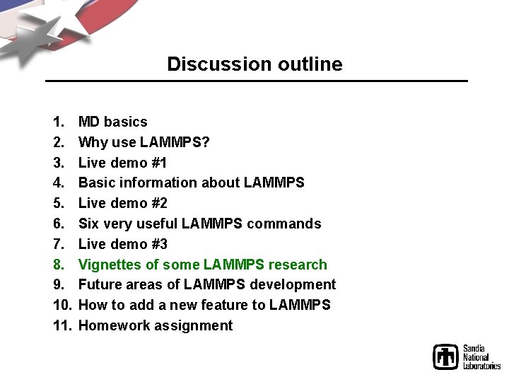 Discussion outline 1. 2. 3. 4. 5. 6. 7. 8. 9. 10. 11. MD