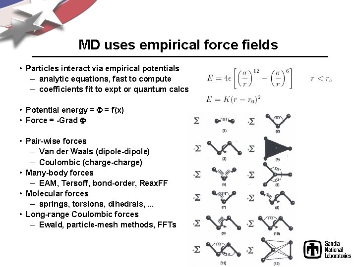 MD uses empirical force fields • Particles interact via empirical potentials – analytic equations,
