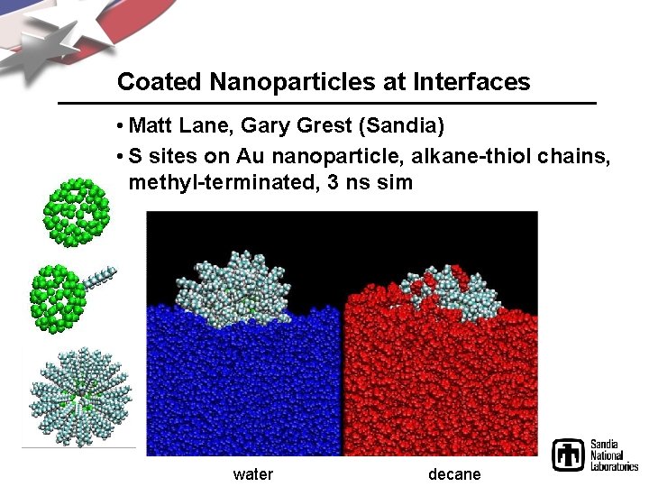 Coated Nanoparticles at Interfaces • Matt Lane, Gary Grest (Sandia) • S sites on