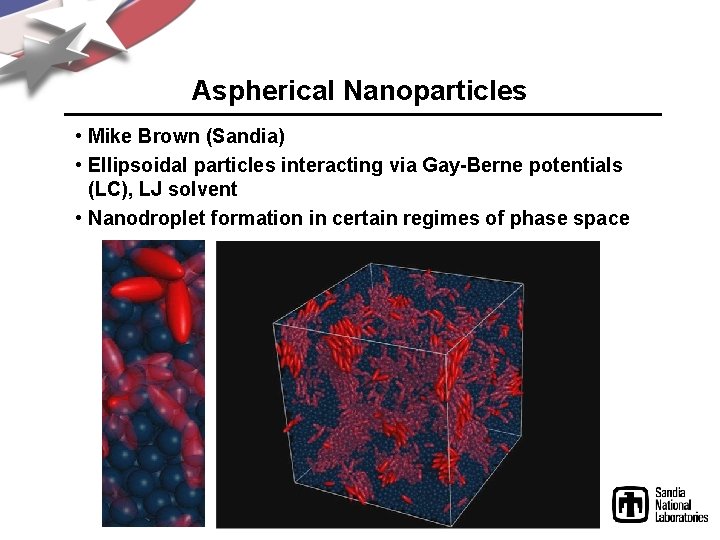Aspherical Nanoparticles • Mike Brown (Sandia) • Ellipsoidal particles interacting via Gay-Berne potentials (LC),