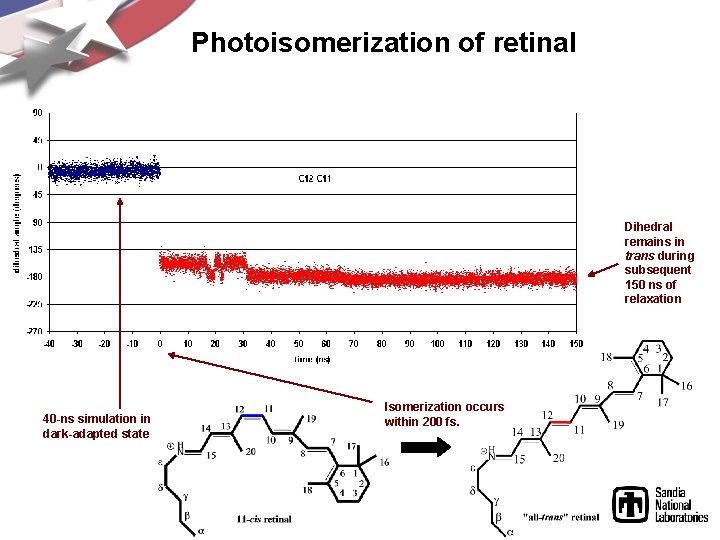 Photoisomerization of retinal Dihedral remains in trans during subsequent 150 ns of relaxation 40