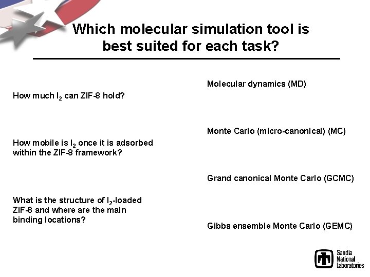 Which molecular simulation tool is best suited for each task? Molecular dynamics (MD) How