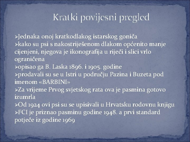 Kratki povijesni pregled ØJednaka onoj kratkodlakog istarskog goniča Økako su psi s nakostriješenom dlakom