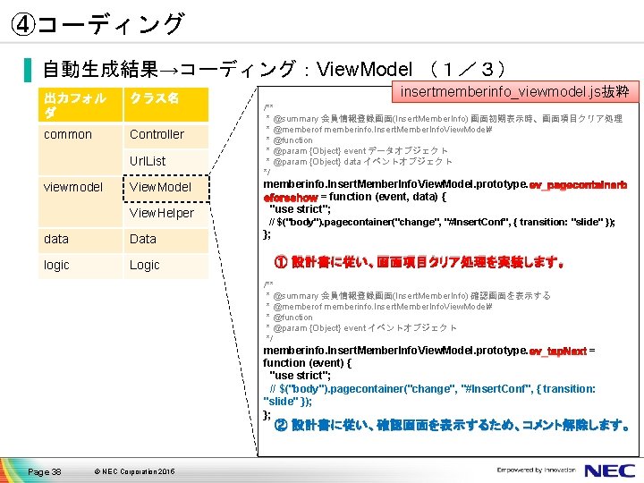 ④コーディング ▐ 自動生成結果→コーディング：View. Model （１／３） 出力フォル ダ クラス名 common Controller Url. List viewmodel View.