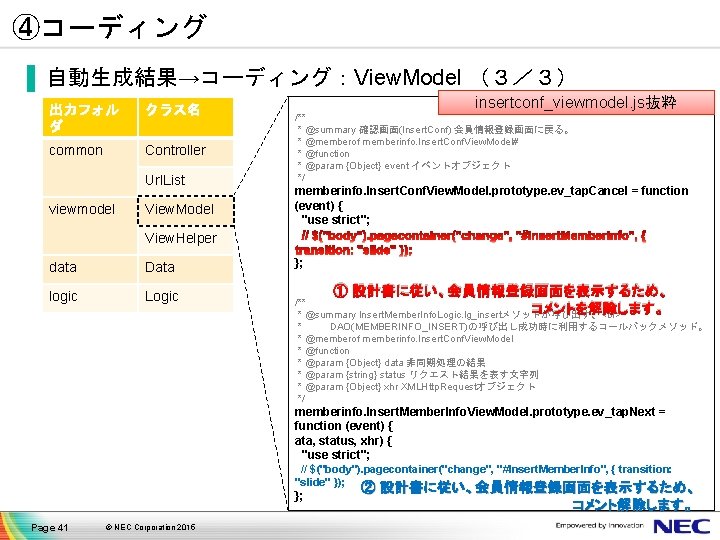 ④コーディング ▐ 自動生成結果→コーディング：View. Model （３／３） 出力フォル ダ クラス名 common Controller Url. List viewmodel View.
