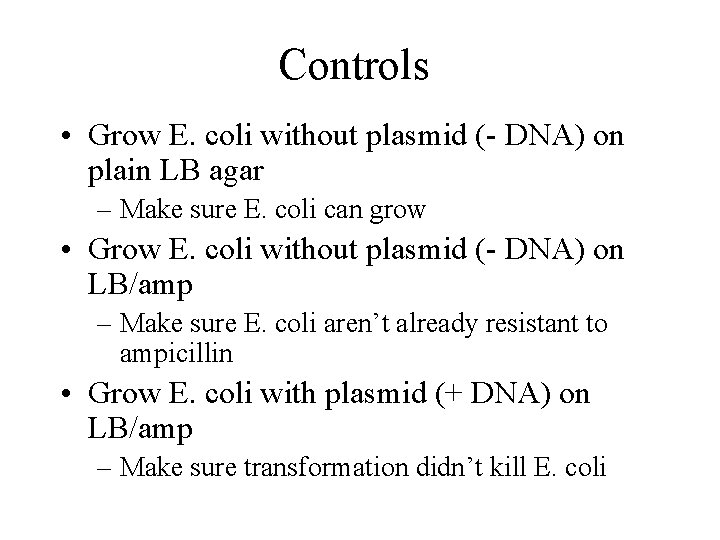 Controls • Grow E. coli without plasmid (- DNA) on plain LB agar –