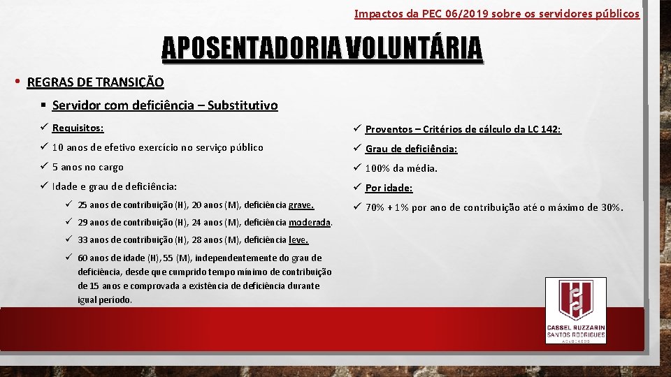 Impactos da PEC 06/2019 sobre os servidores públicos APOSENTADORIA VOLUNTÁRIA • REGRAS DE TRANSIÇÃO