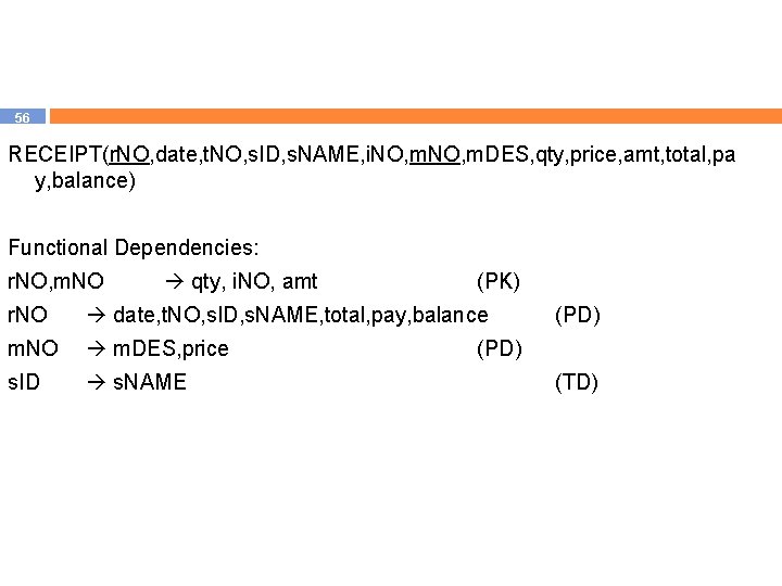 56 RECEIPT(r. NO, date, t. NO, s. ID, s. NAME, i. NO, m. DES,