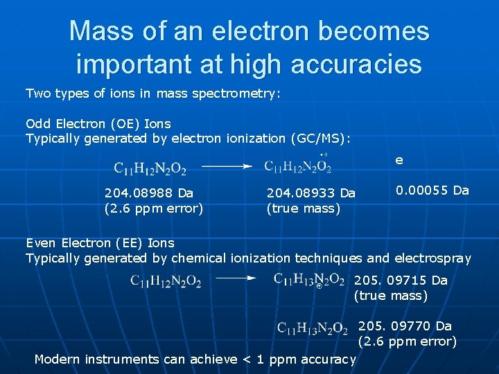 Mass of an electron becomes important at high accuracies Two types of ions in